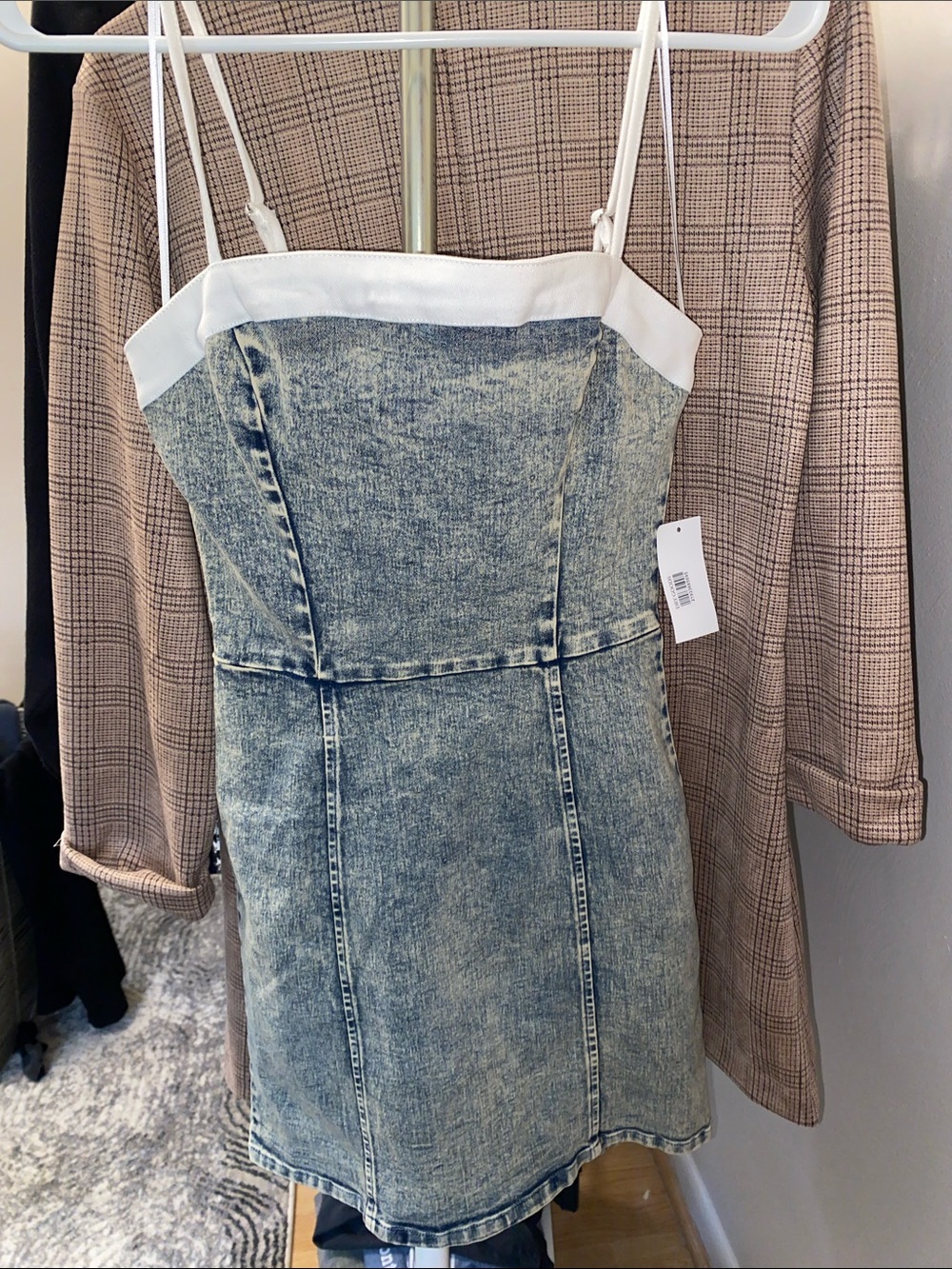 Dry Goods Light Wash Denim Mini Dress with White Trim